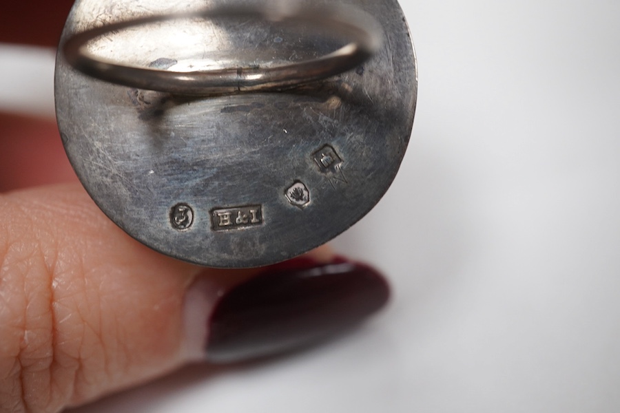 Sundry small silver including a George V mounted glass match strike, golf club condiment spoon and a Scottish silver mounted cork stopper. Condition - fair